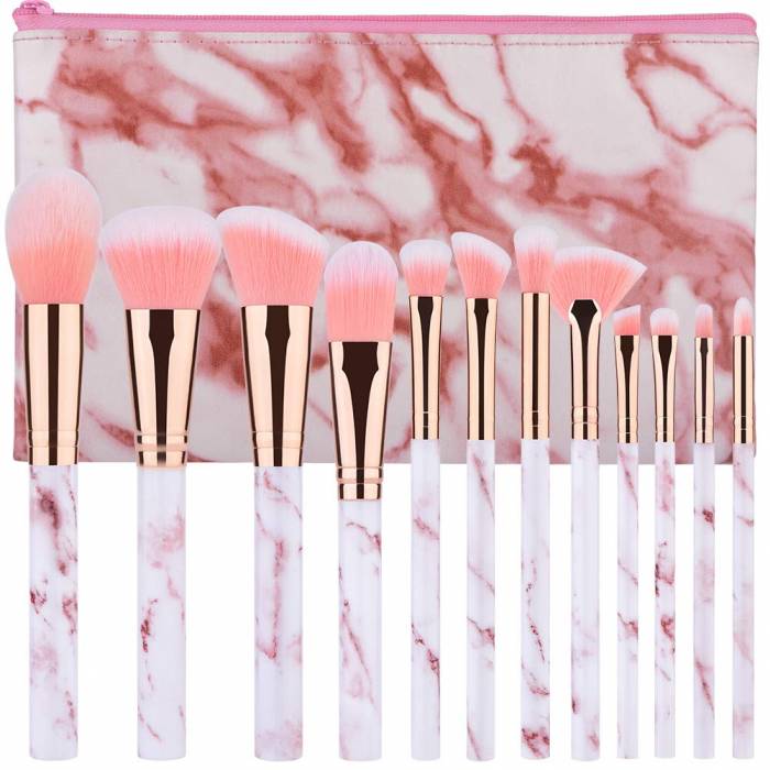 12pcs Pink Marble Makeup Brush Set With Powder Eye Shadow Lip Concealer Foundation Brush Women Makeup Brush Set